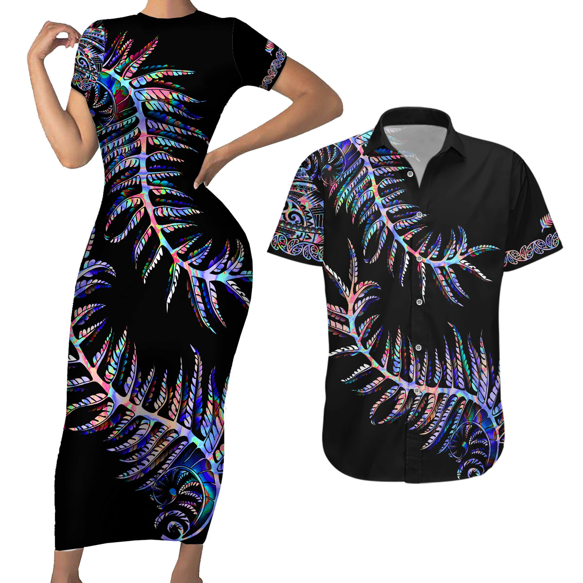New Zealand Couples Matching Short Sleeve Bodycon Dress and Hawaiian Shirt Aotearoa Silver Fern Mixed Papua Shell Purple Vibe LT9 - Wonder Print Shop