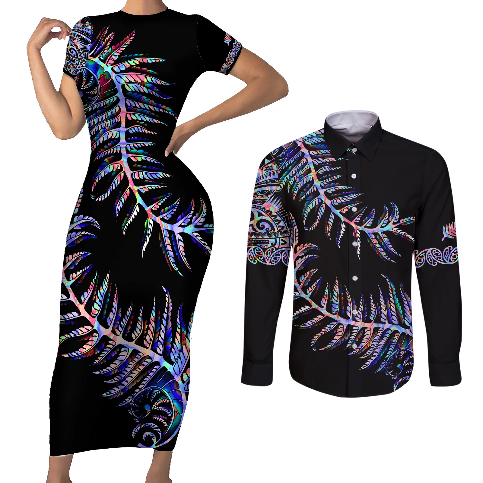 New Zealand Couples Matching Short Sleeve Bodycon Dress and Long Sleeve Button Shirt Aotearoa Silver Fern Mixed Papua Shell Purple Vibe LT9 - Wonder Print Shop