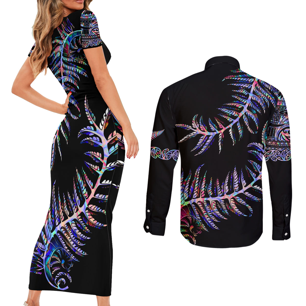 New Zealand Couples Matching Short Sleeve Bodycon Dress and Long Sleeve Button Shirt Aotearoa Silver Fern Mixed Papua Shell Purple Vibe LT9 - Wonder Print Shop