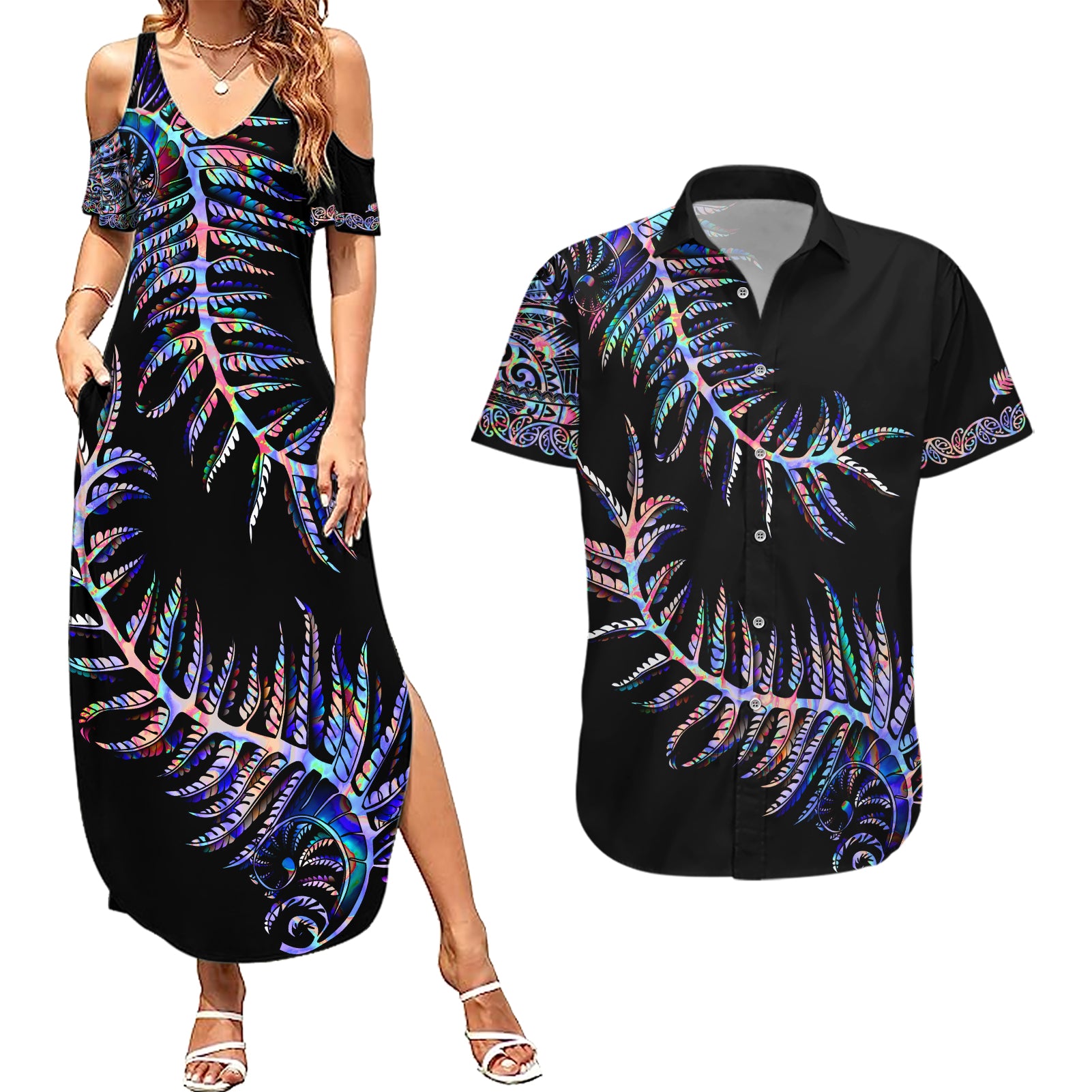 New Zealand Couples Matching Summer Maxi Dress and Hawaiian Shirt Aotearoa Silver Fern Mixed Papua Shell Purple Vibe LT9 - Wonder Print Shop