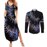 New Zealand Couples Matching Summer Maxi Dress and Long Sleeve Button Shirt Aotearoa Silver Fern Mixed Papua Shell Purple Vibe LT9 - Wonder Print Shop