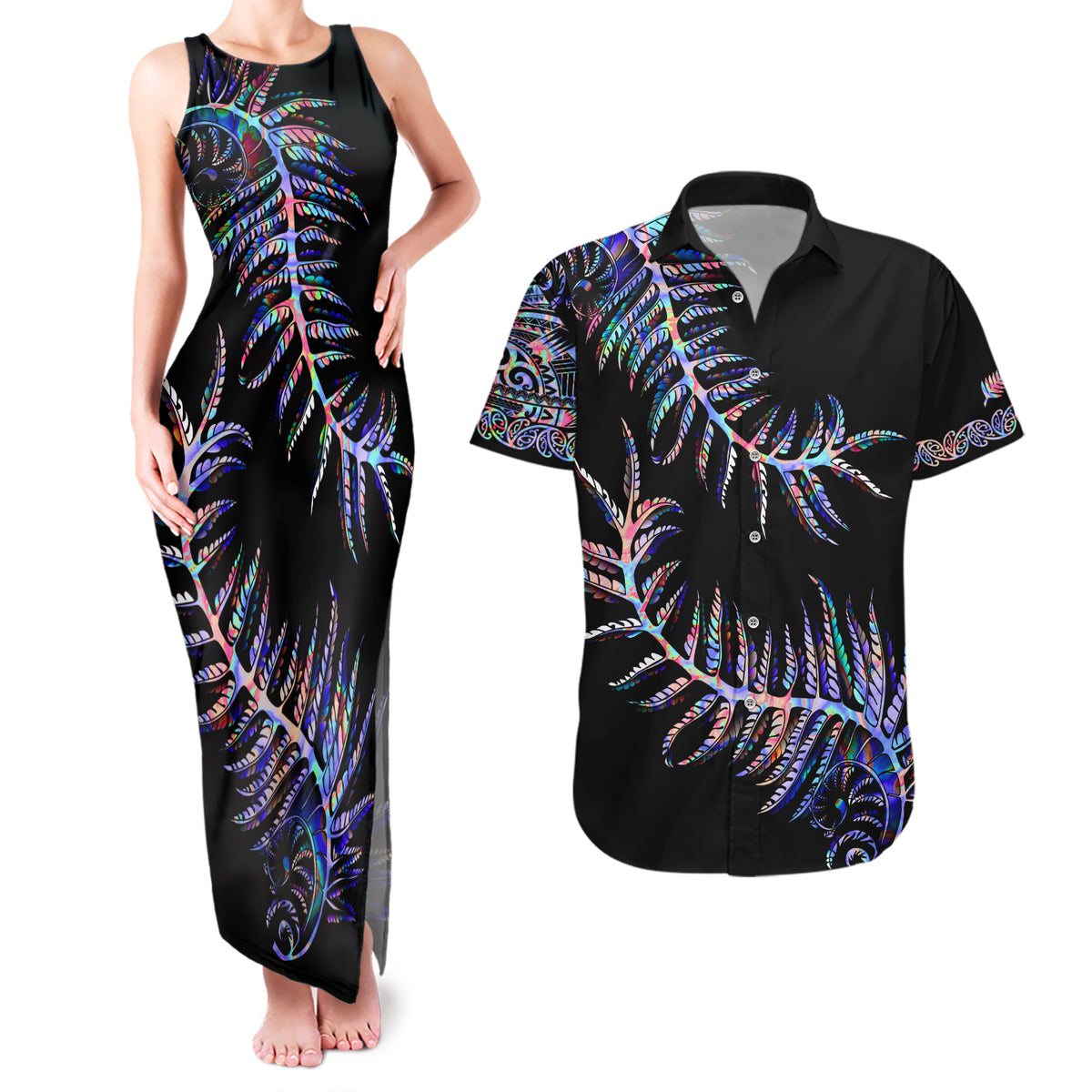 New Zealand Couples Matching Tank Maxi Dress and Hawaiian Shirt Aotearoa Silver Fern Mixed Papua Shell Purple Vibe LT9 - Wonder Print Shop