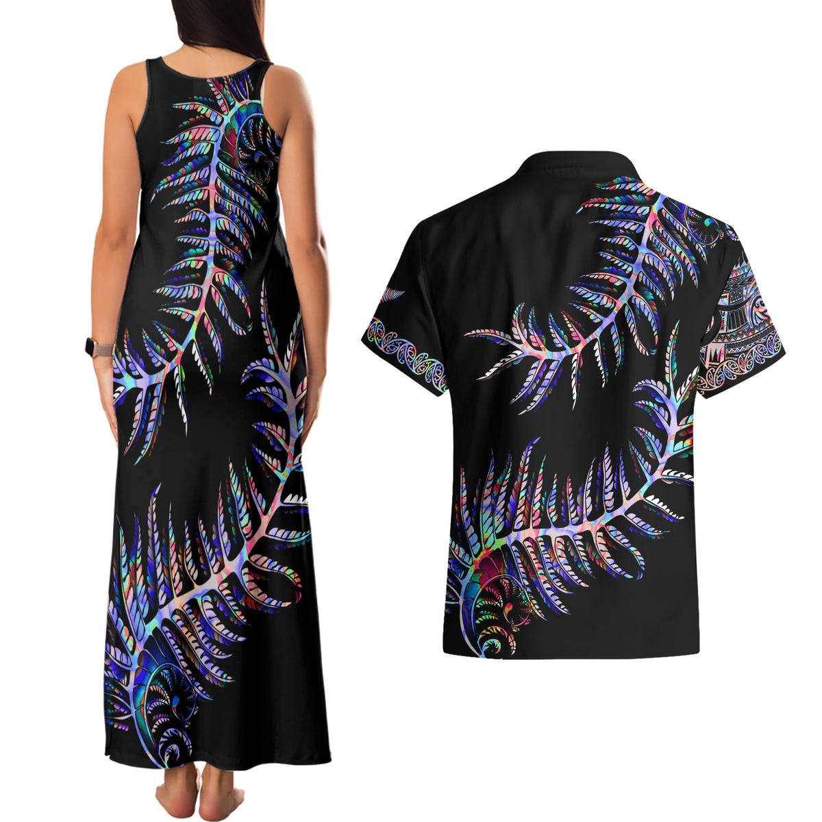 New Zealand Couples Matching Tank Maxi Dress and Hawaiian Shirt Aotearoa Silver Fern Mixed Papua Shell Purple Vibe LT9 - Wonder Print Shop