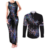 New Zealand Couples Matching Tank Maxi Dress and Long Sleeve Button Shirt Aotearoa Silver Fern Mixed Papua Shell Purple Vibe LT9 - Wonder Print Shop