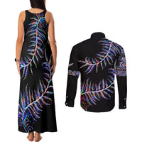 New Zealand Couples Matching Tank Maxi Dress and Long Sleeve Button Shirt Aotearoa Silver Fern Mixed Papua Shell Purple Vibe LT9 - Wonder Print Shop
