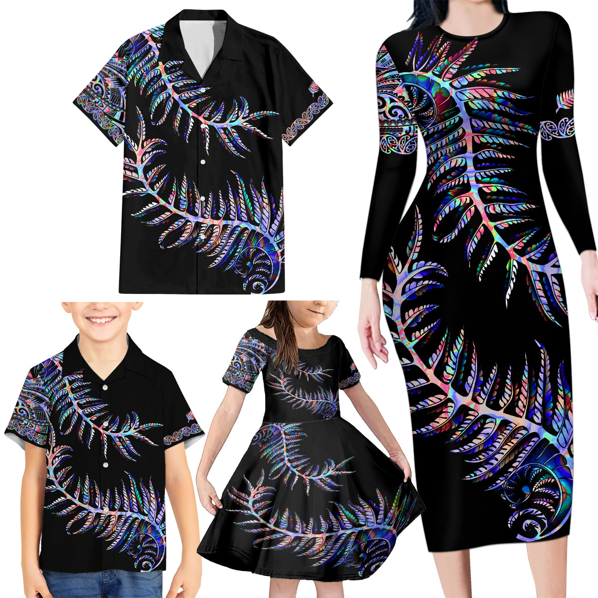 New Zealand Family Matching Long Sleeve Bodycon Dress and Hawaiian Shirt Aotearoa Silver Fern Mixed Papua Shell Purple Vibe LT9 - Wonder Print Shop