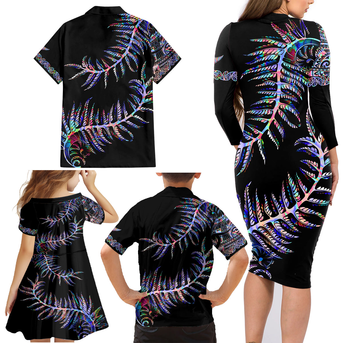 New Zealand Family Matching Long Sleeve Bodycon Dress and Hawaiian Shirt Aotearoa Silver Fern Mixed Papua Shell Purple Vibe LT9 - Wonder Print Shop