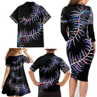 New Zealand Family Matching Long Sleeve Bodycon Dress and Hawaiian Shirt Aotearoa Silver Fern Mixed Papua Shell Purple Vibe LT9 - Wonder Print Shop