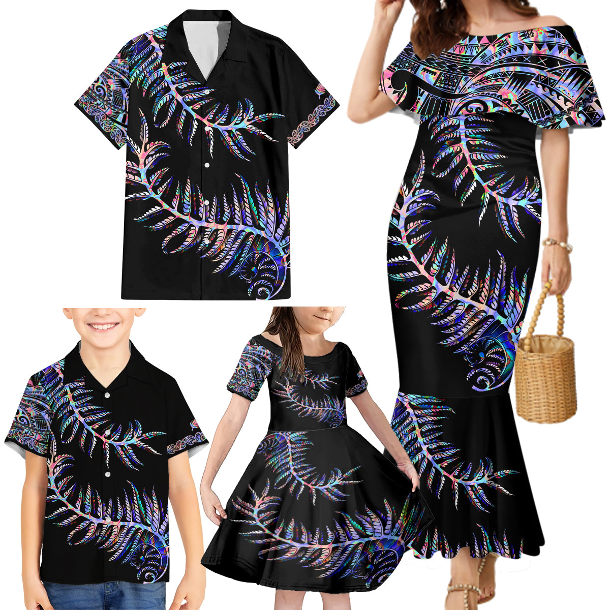 New Zealand Family Matching Mermaid Dress and Hawaiian Shirt Aotearoa Silver Fern Mixed Papua Shell Purple Vibe LT9 - Wonder Print Shop