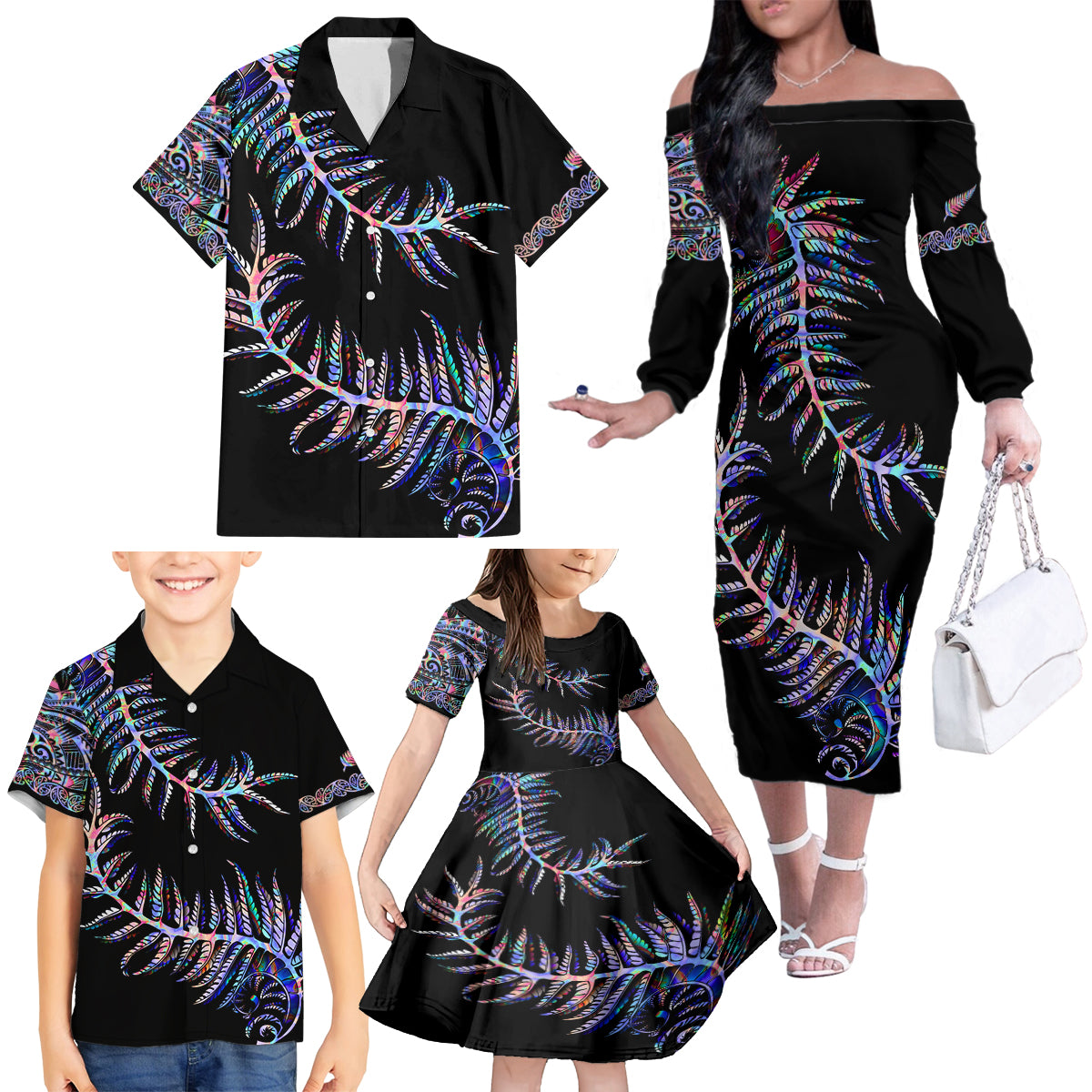 New Zealand Family Matching Off Shoulder Long Sleeve Dress and Hawaiian Shirt Aotearoa Silver Fern Mixed Papua Shell Purple Vibe - Wonder Print Shop