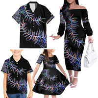 New Zealand Family Matching Off Shoulder Long Sleeve Dress and Hawaiian Shirt Aotearoa Silver Fern Mixed Papua Shell Purple Vibe - Wonder Print Shop