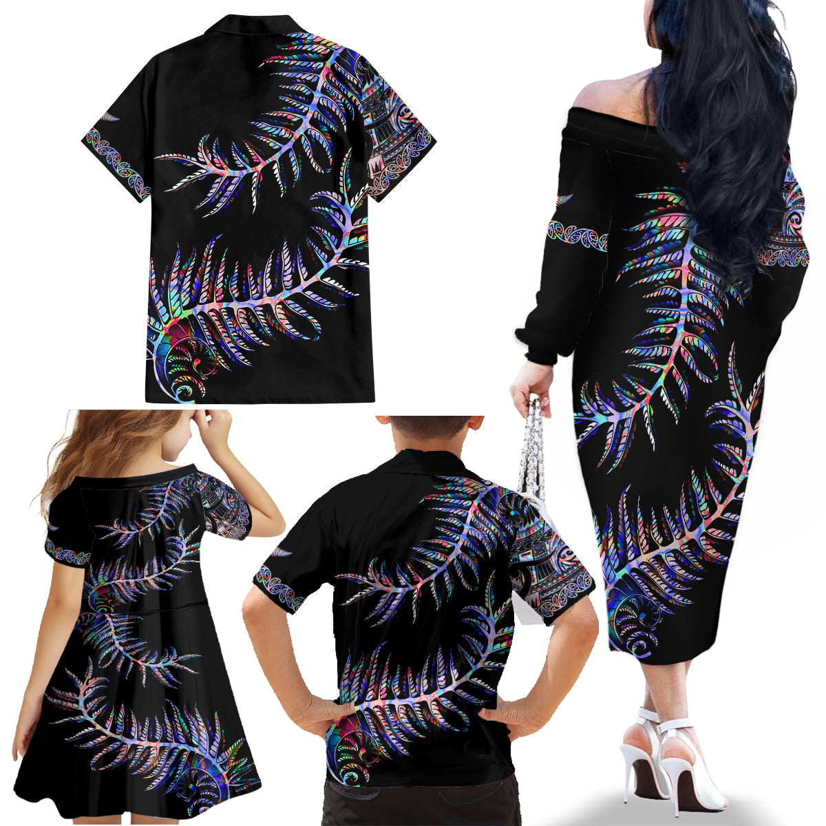 New Zealand Family Matching Off Shoulder Long Sleeve Dress and Hawaiian Shirt Aotearoa Silver Fern Mixed Papua Shell Purple Vibe - Wonder Print Shop
