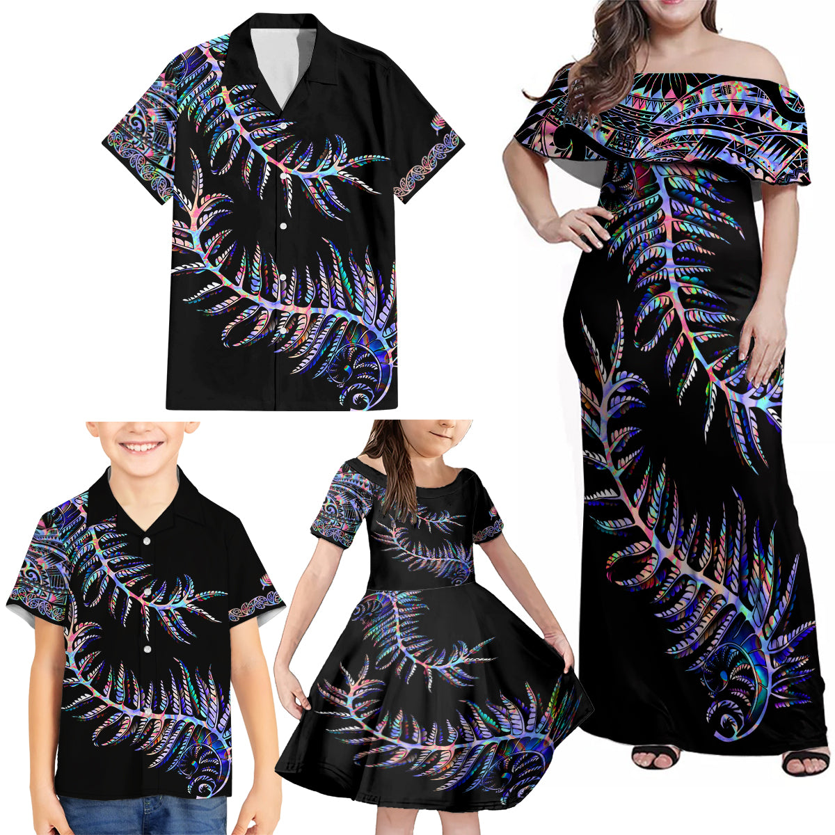 New Zealand Family Matching Off Shoulder Maxi Dress and Hawaiian Shirt Aotearoa Silver Fern Mixed Papua Shell Purple Vibe LT9 - Wonder Print Shop