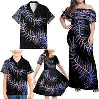 New Zealand Family Matching Off Shoulder Maxi Dress and Hawaiian Shirt Aotearoa Silver Fern Mixed Papua Shell Purple Vibe LT9 - Wonder Print Shop