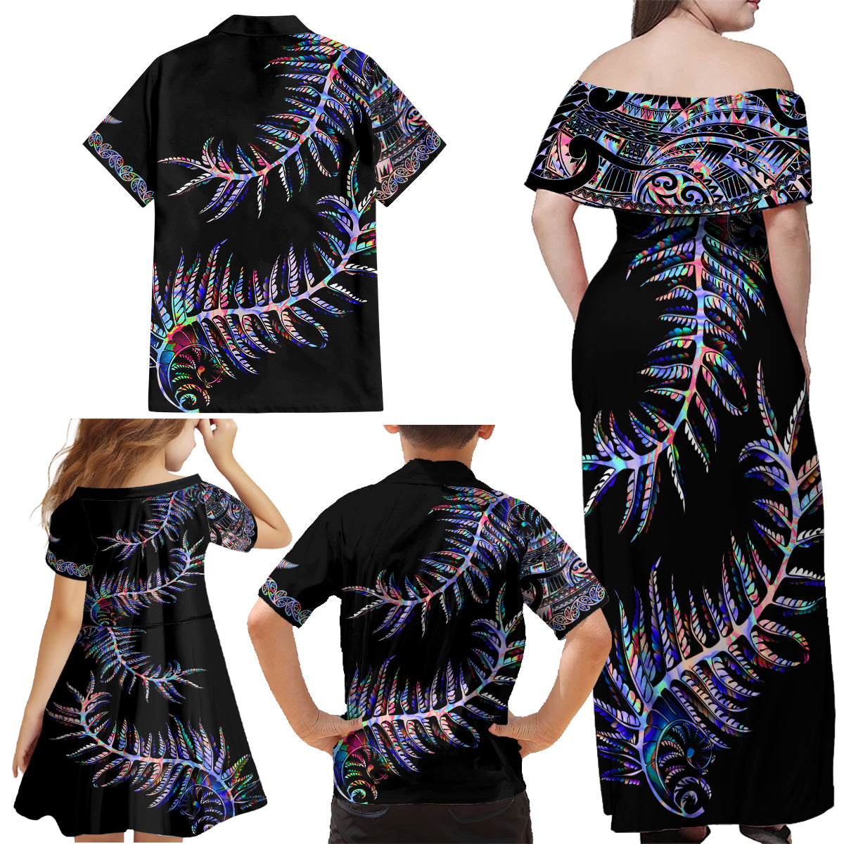 New Zealand Family Matching Off Shoulder Maxi Dress and Hawaiian Shirt Aotearoa Silver Fern Mixed Papua Shell Purple Vibe LT9 - Wonder Print Shop