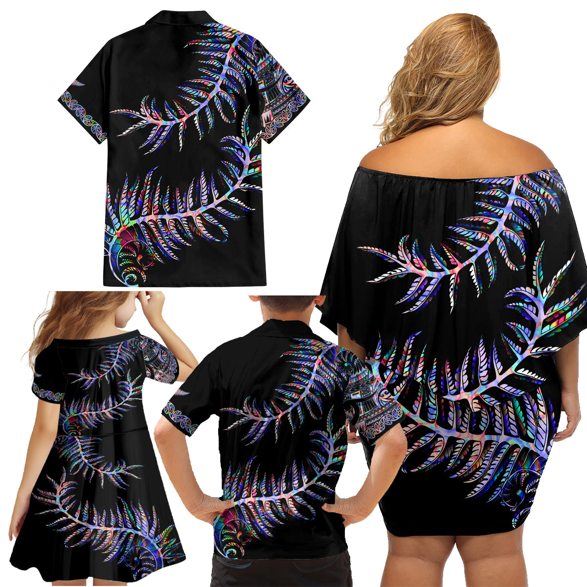 New Zealand Family Matching Off Shoulder Short Dress and Hawaiian Shirt Aotearoa Silver Fern Mixed Papua Shell Purple Vibe LT9 - Wonder Print Shop
