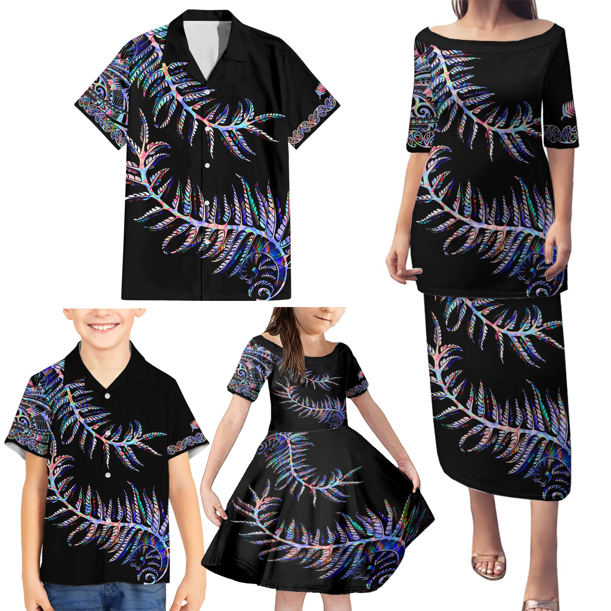 New Zealand Family Matching Puletasi Dress and Hawaiian Shirt Aotearoa Silver Fern Mixed Papua Shell Purple Vibe - Wonder Print Shop