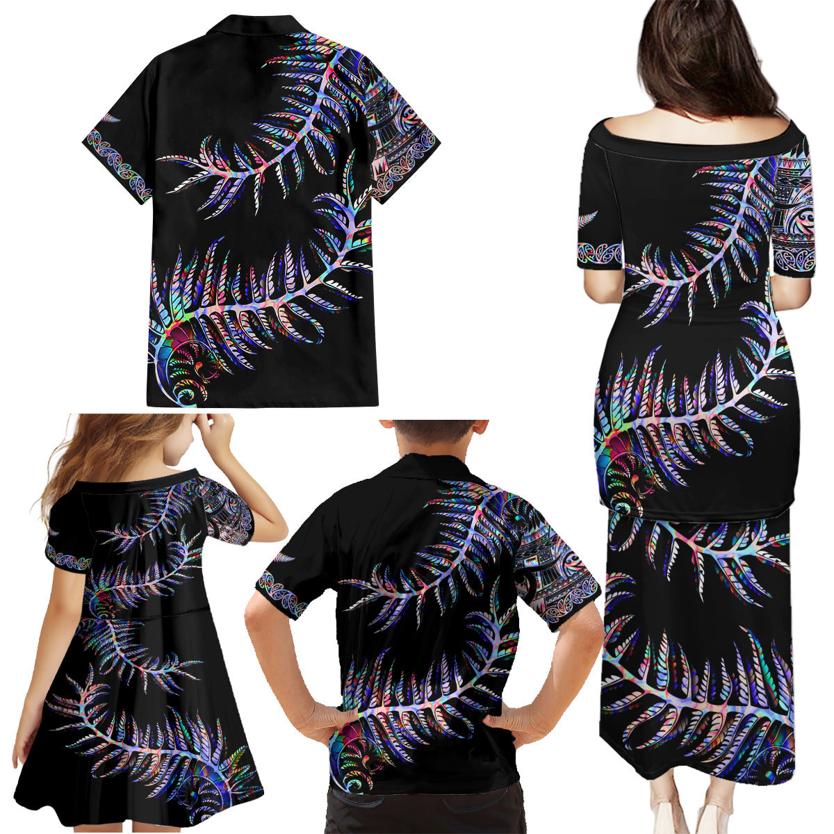 New Zealand Family Matching Puletasi Dress and Hawaiian Shirt Aotearoa Silver Fern Mixed Papua Shell Purple Vibe - Wonder Print Shop
