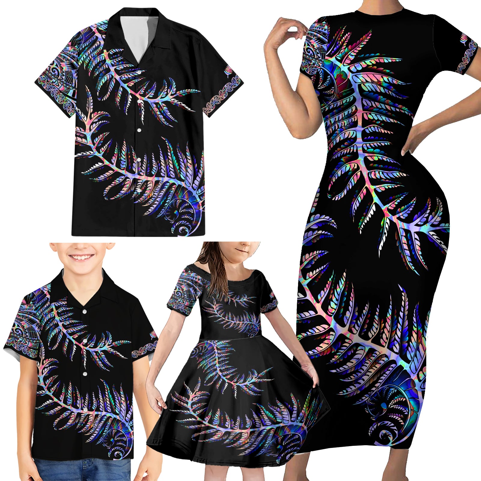 New Zealand Family Matching Short Sleeve Bodycon Dress and Hawaiian Shirt Aotearoa Silver Fern Mixed Papua Shell Purple Vibe - Wonder Print Shop