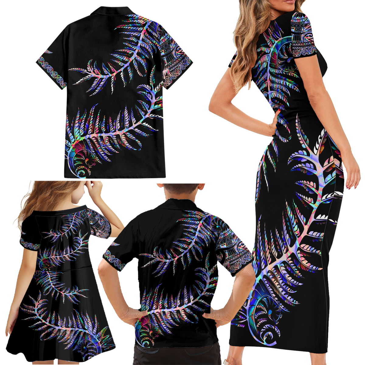 New Zealand Family Matching Short Sleeve Bodycon Dress and Hawaiian Shirt Aotearoa Silver Fern Mixed Papua Shell Purple Vibe - Wonder Print Shop