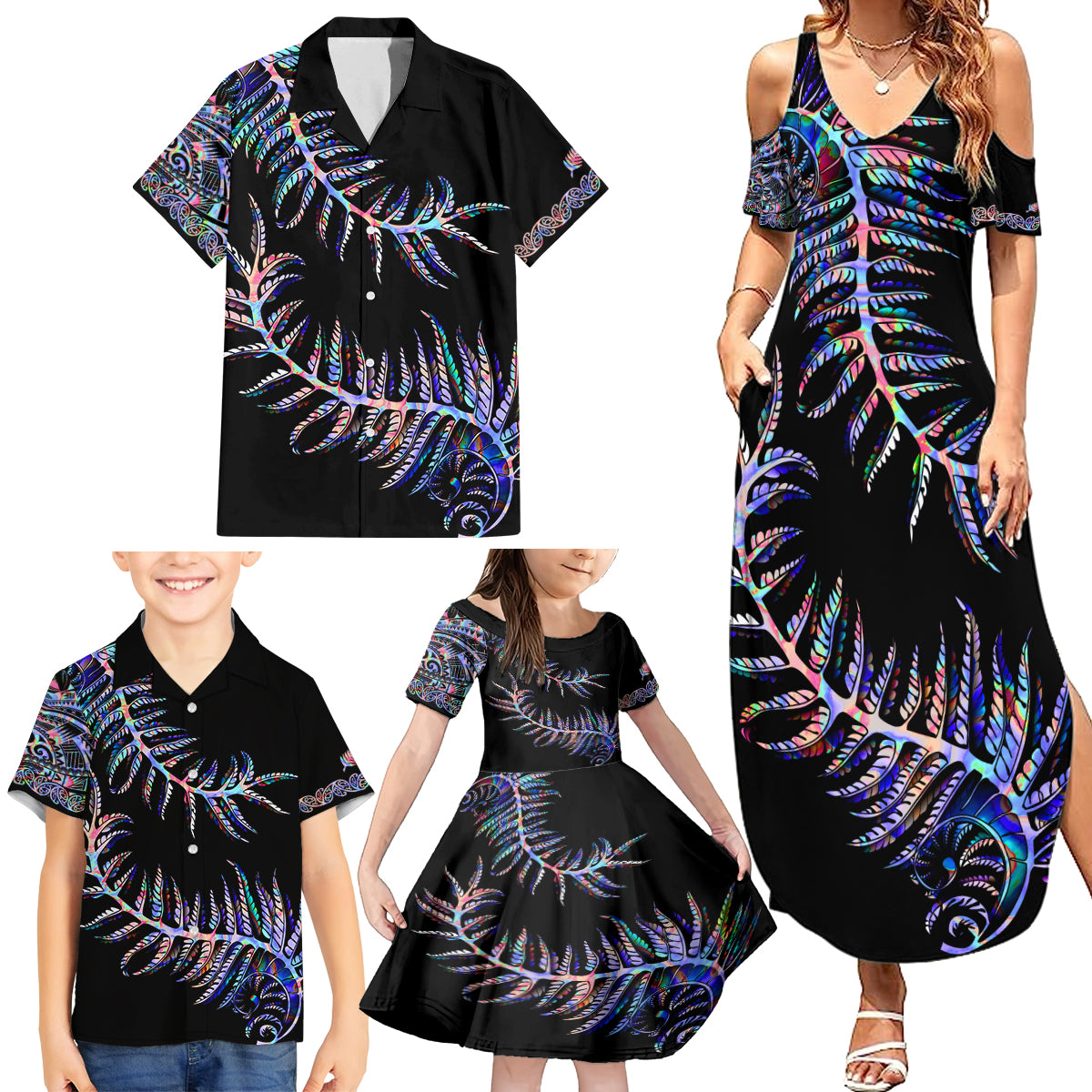 New Zealand Family Matching Summer Maxi Dress and Hawaiian Shirt Aotearoa Silver Fern Mixed Papua Shell Purple Vibe - Wonder Print Shop