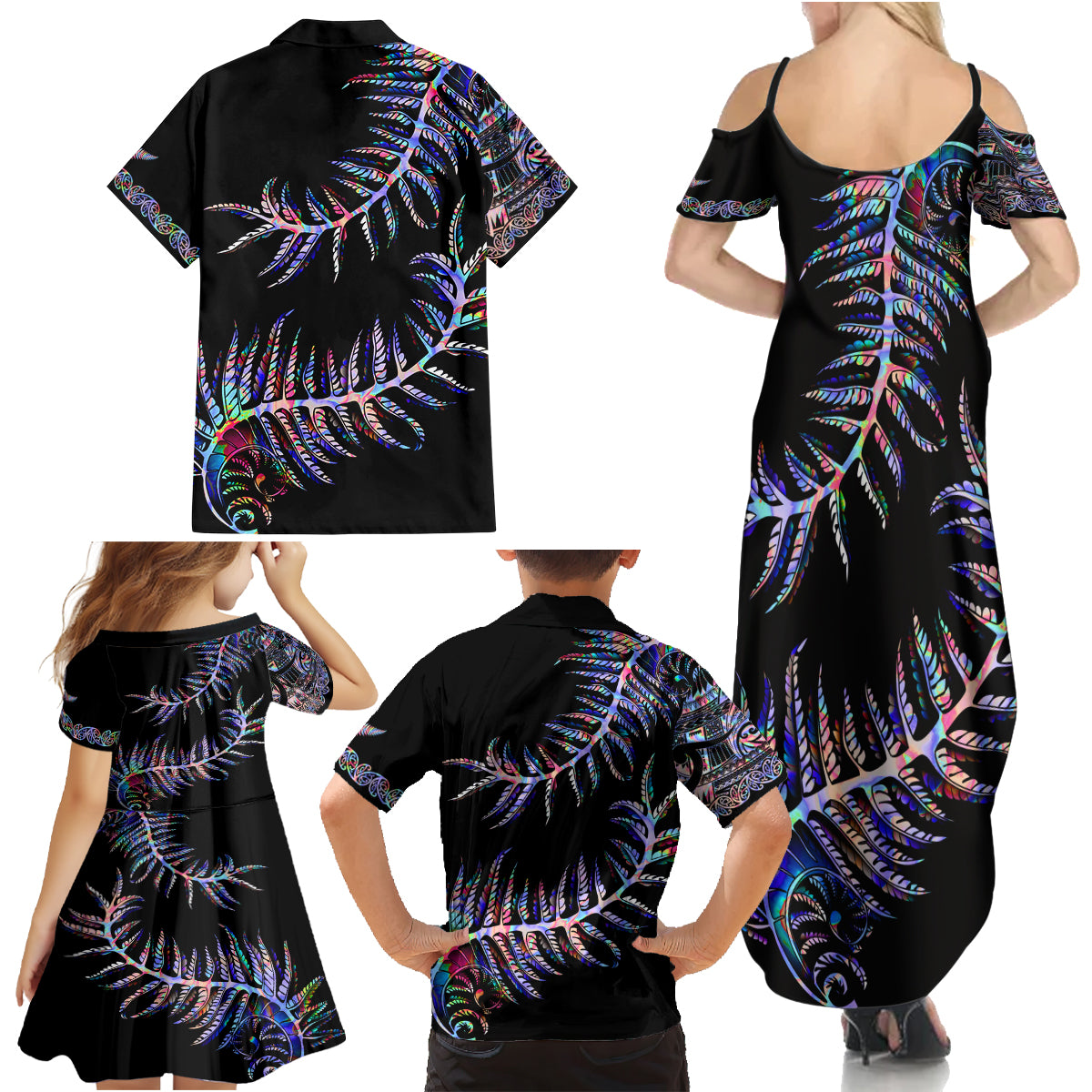 New Zealand Family Matching Summer Maxi Dress and Hawaiian Shirt Aotearoa Silver Fern Mixed Papua Shell Purple Vibe - Wonder Print Shop