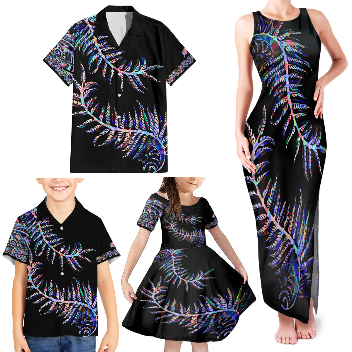 New Zealand Family Matching Tank Maxi Dress and Hawaiian Shirt Aotearoa Silver Fern Mixed Papua Shell Purple Vibe - Wonder Print Shop
