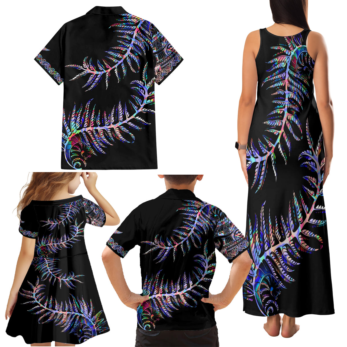 New Zealand Family Matching Tank Maxi Dress and Hawaiian Shirt Aotearoa Silver Fern Mixed Papua Shell Purple Vibe - Wonder Print Shop