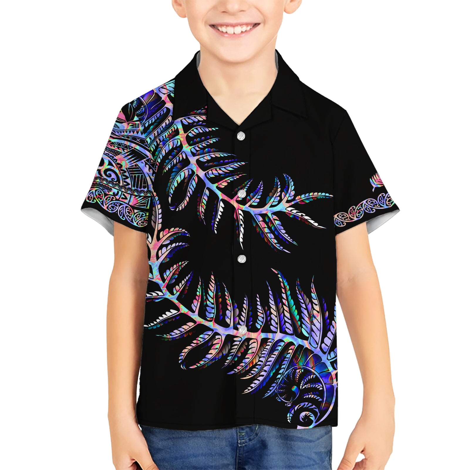 New Zealand Kid Hawaiian Shirt Aotearoa Silver Fern Mixed Papua Shell Purple Vibe - Wonder Print Shop