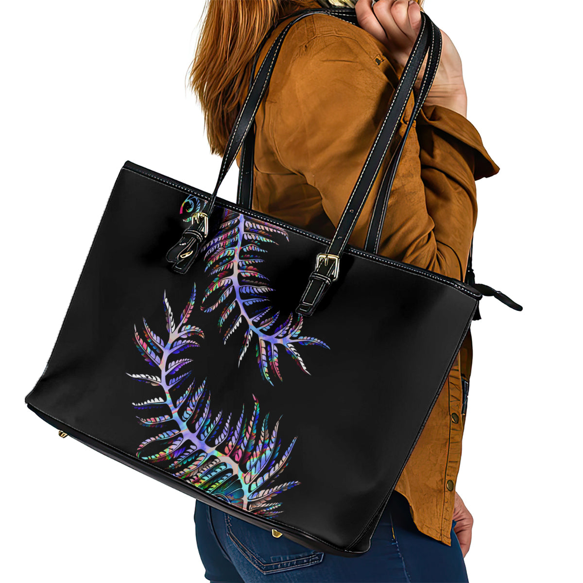 New Zealand Leather Tote Bag Aotearoa Silver Fern Mixed Papua Shell Purple Vibe - Wonder Print Shop