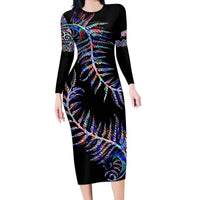 New Zealand Long Sleeve Bodycon Dress Aotearoa Silver Fern Mixed Papua Shell Purple Vibe - Wonder Print Shop