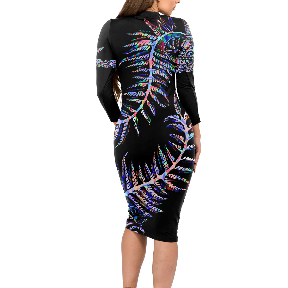 New Zealand Long Sleeve Bodycon Dress Aotearoa Silver Fern Mixed Papua Shell Purple Vibe - Wonder Print Shop