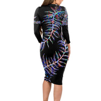 New Zealand Long Sleeve Bodycon Dress Aotearoa Silver Fern Mixed Papua Shell Purple Vibe - Wonder Print Shop