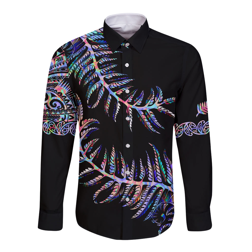 New Zealand Long Sleeve Button Shirt Aotearoa Silver Fern Mixed Papua Shell Purple Vibe - Wonder Print Shop