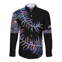 New Zealand Long Sleeve Button Shirt Aotearoa Silver Fern Mixed Papua Shell Purple Vibe - Wonder Print Shop