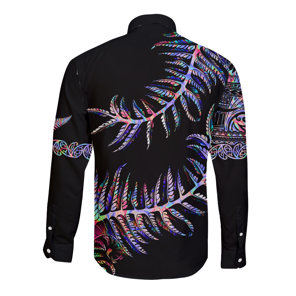 New Zealand Long Sleeve Button Shirt Aotearoa Silver Fern Mixed Papua Shell Purple Vibe - Wonder Print Shop