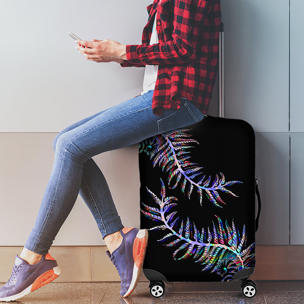 New Zealand Luggage Cover Aotearoa Silver Fern Mixed Papua Shell Purple Vibe - Wonder Print Shop