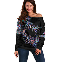 New Zealand Off Shoulder Sweater Aotearoa Silver Fern Mixed Papua Shell Purple Vibe - Wonder Print Shop
