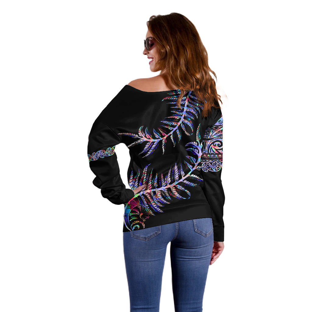New Zealand Off Shoulder Sweater Aotearoa Silver Fern Mixed Papua Shell Purple Vibe - Wonder Print Shop