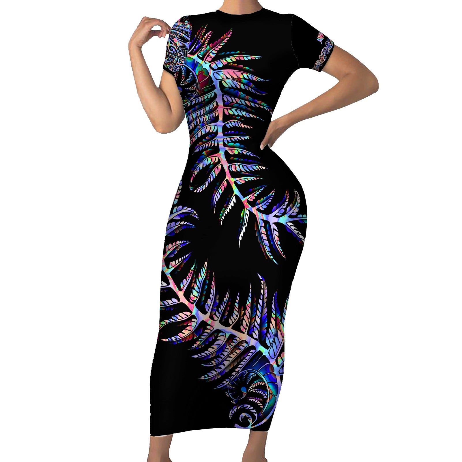 New Zealand Short Sleeve Bodycon Dress Aotearoa Silver Fern Mixed Papua Shell Purple Vibe - Wonder Print Shop