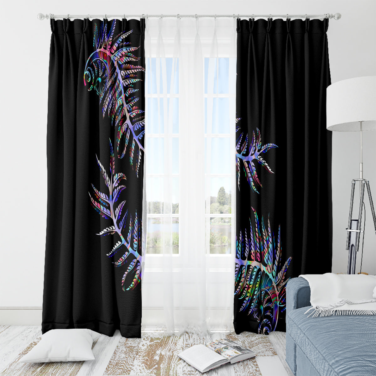 New Zealand Window Curtain Aotearoa Silver Fern Mixed Papua Shell Purple Vibe - Wonder Print Shop