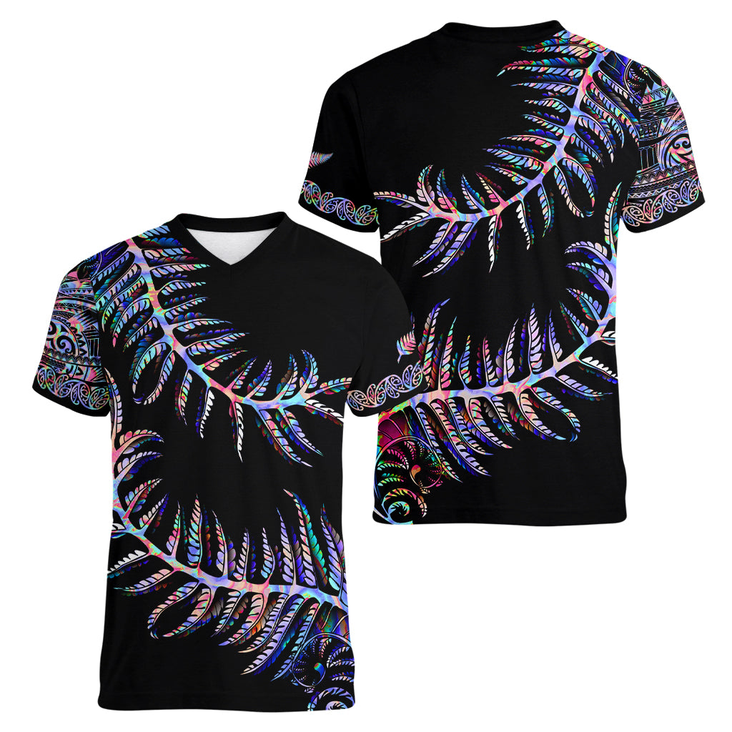 New Zealand Women V Neck T Shirt Aotearoa Silver Fern Mixed Papua Shell Purple Vibe - Wonder Print Shop