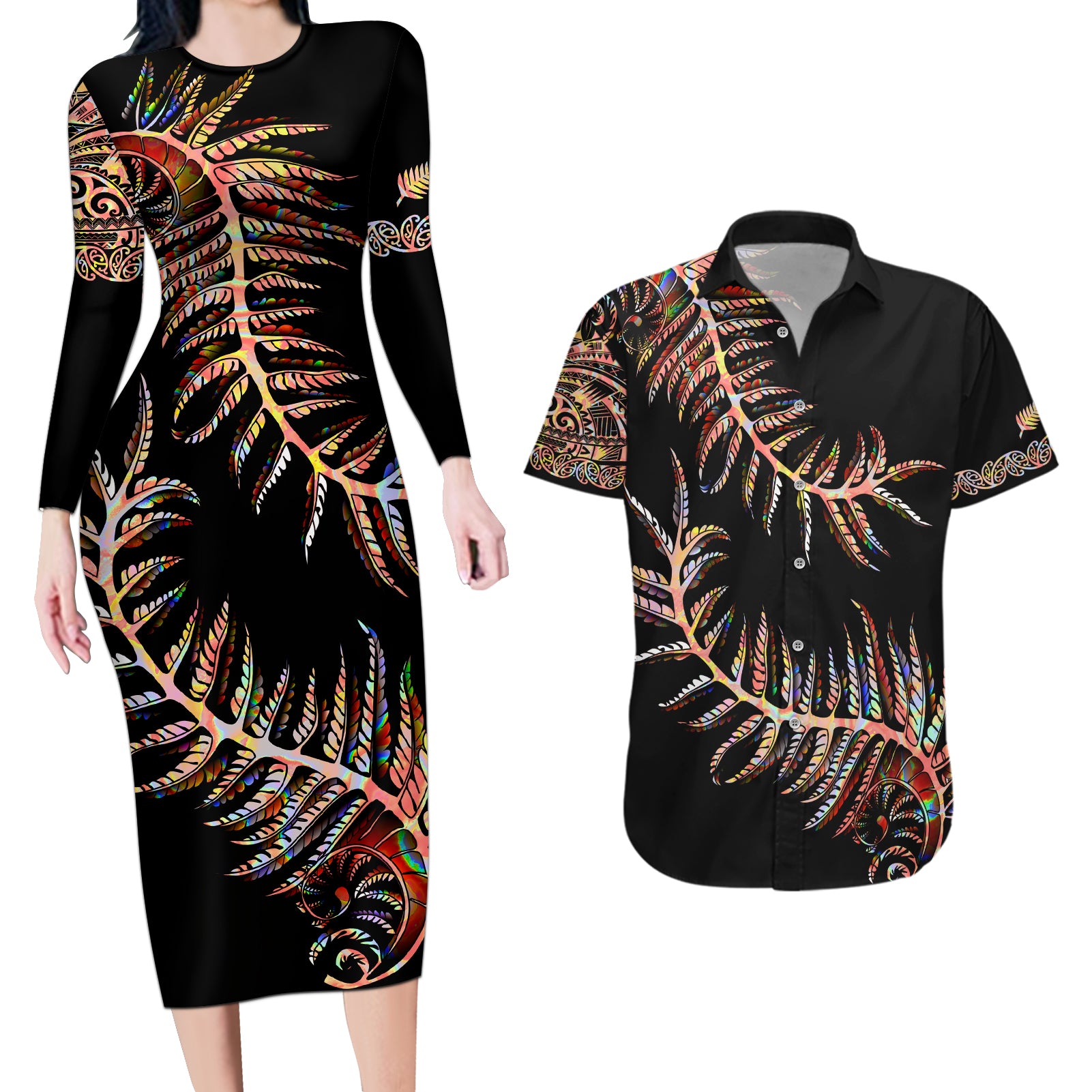 New Zealand Couples Matching Long Sleeve Bodycon Dress and Hawaiian Shirt Aotearoa Silver Fern Mixed Papua Shell Red Vibe LT9 - Wonder Print Shop
