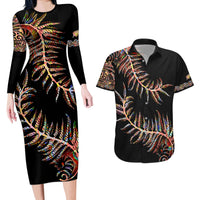 New Zealand Couples Matching Long Sleeve Bodycon Dress and Hawaiian Shirt Aotearoa Silver Fern Mixed Papua Shell Red Vibe LT9 - Wonder Print Shop