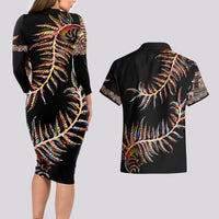 New Zealand Couples Matching Long Sleeve Bodycon Dress and Hawaiian Shirt Aotearoa Silver Fern Mixed Papua Shell Red Vibe LT9 - Wonder Print Shop