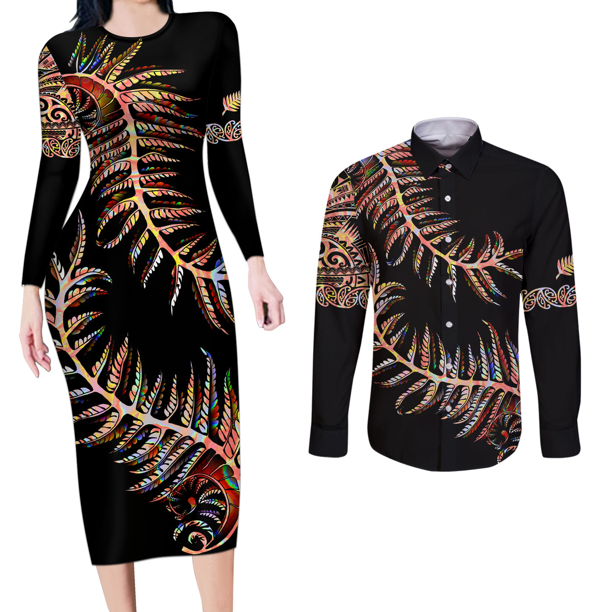 New Zealand Couples Matching Long Sleeve Bodycon Dress and Long Sleeve Button Shirt Aotearoa Silver Fern Mixed Papua Shell Red Vibe LT9 - Wonder Print Shop