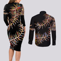 New Zealand Couples Matching Long Sleeve Bodycon Dress and Long Sleeve Button Shirt Aotearoa Silver Fern Mixed Papua Shell Red Vibe LT9 - Wonder Print Shop