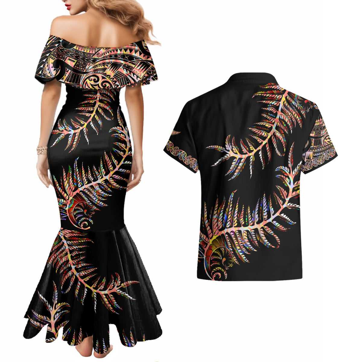 New Zealand Couples Matching Mermaid Dress and Hawaiian Shirt Aotearoa Silver Fern Mixed Papua Shell Red Vibe LT9 - Wonder Print Shop