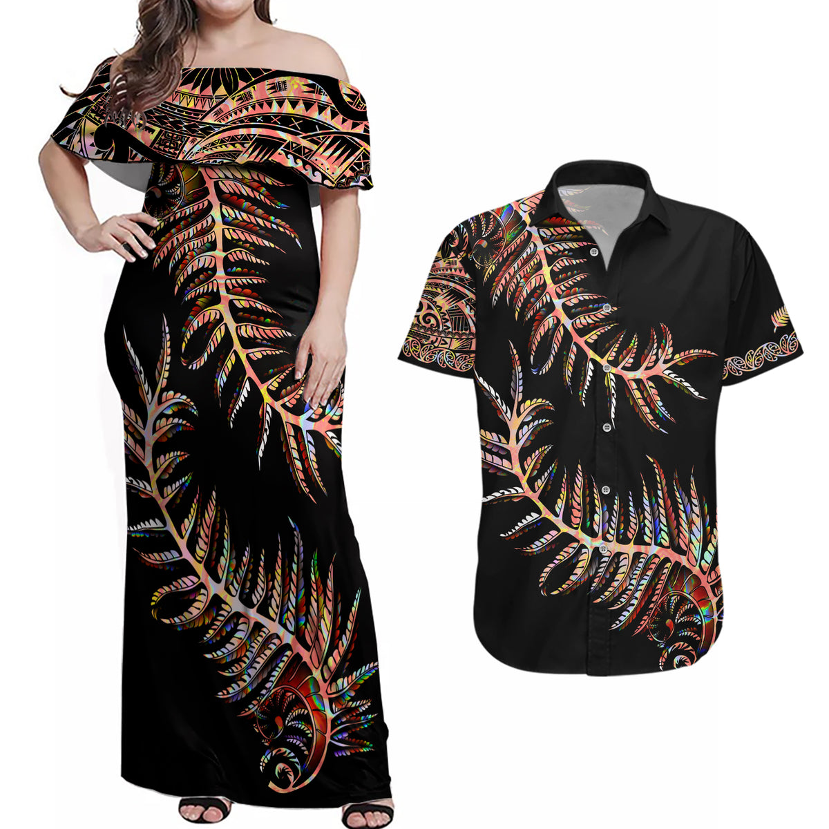 New Zealand Couples Matching Off Shoulder Maxi Dress and Hawaiian Shirt Aotearoa Silver Fern Mixed Papua Shell Red Vibe LT9 - Wonder Print Shop