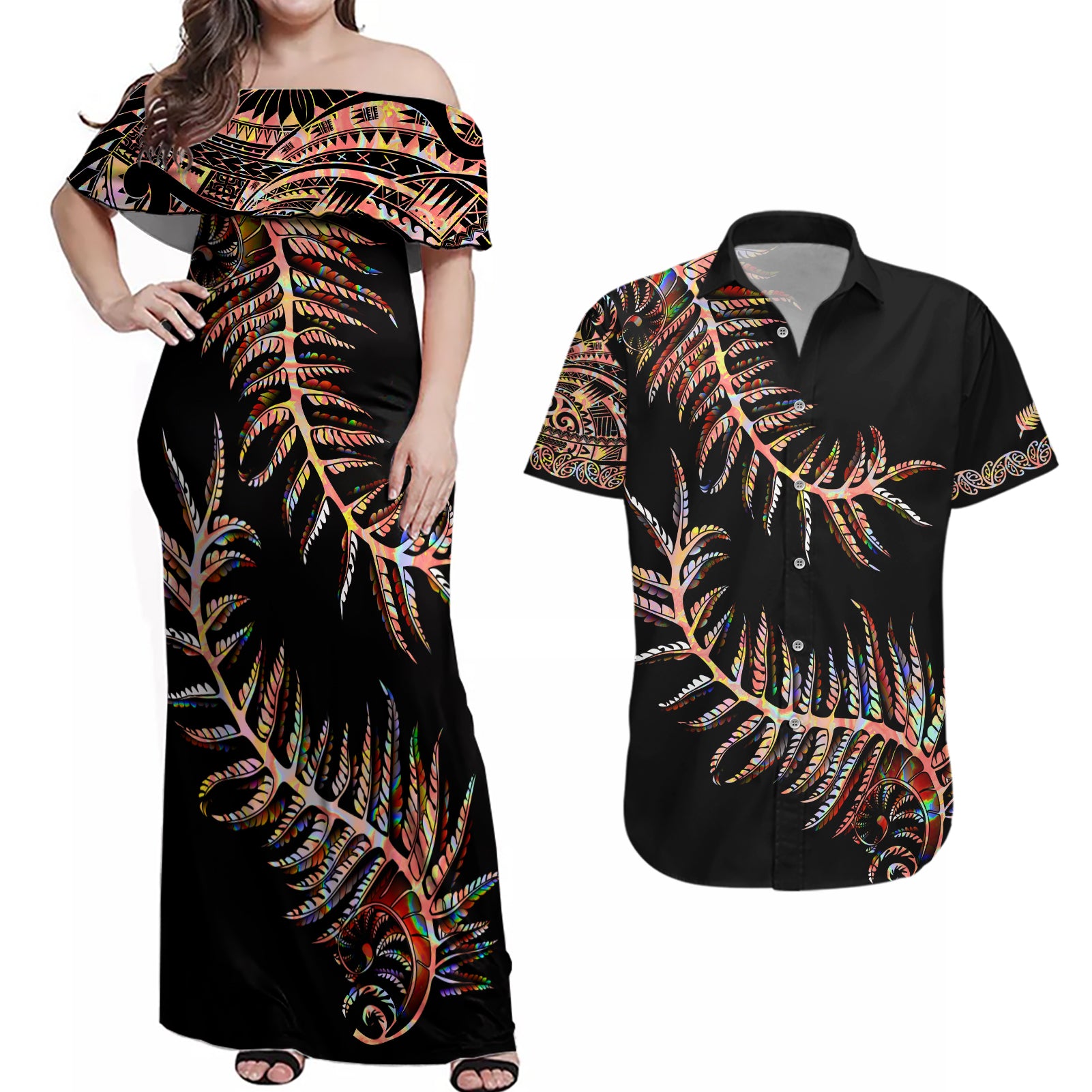 New Zealand Couples Matching Off Shoulder Maxi Dress and Hawaiian Shirt Aotearoa Silver Fern Mixed Papua Shell Red Vibe LT9 - Wonder Print Shop